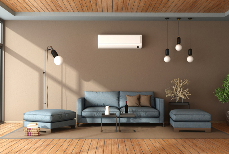 Blue and brown living room with air conditioner , sofa and footstool - 3d rendering