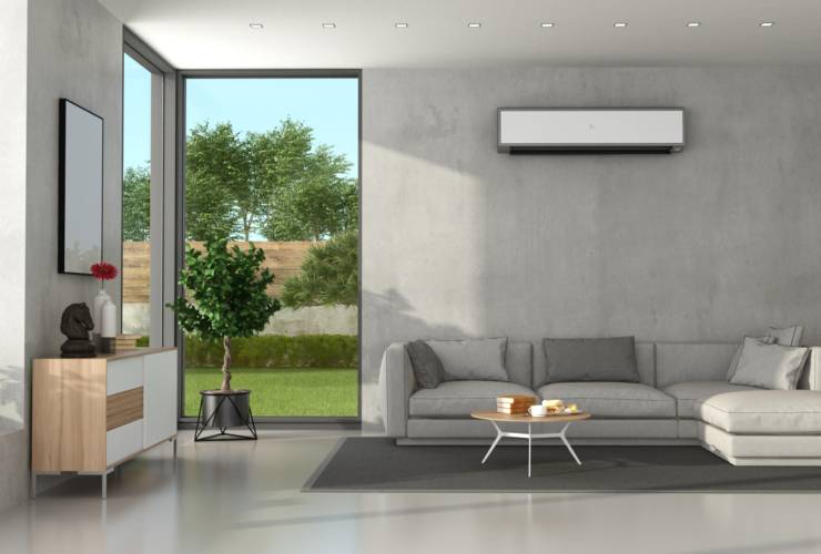 Miniimalist living room with concrete walls, modern sofa,sideboard and air conditioner